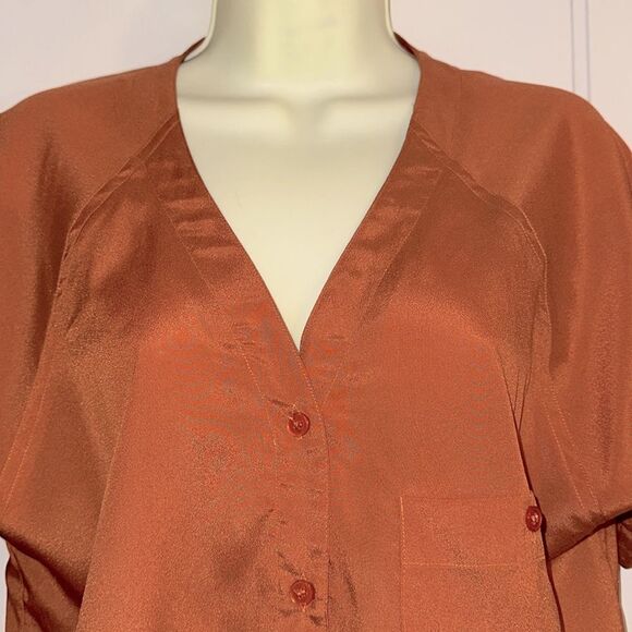 Vintage 70s/80s Irka Rust Orange Polyester Button-Up Short Sleeve Shirt - Picture 2 of 8